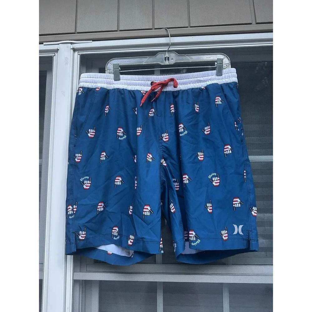 Hurley Swim Shorts Mens Blue Patriotic Shaka Trunks Lined Quick Dry Size XL